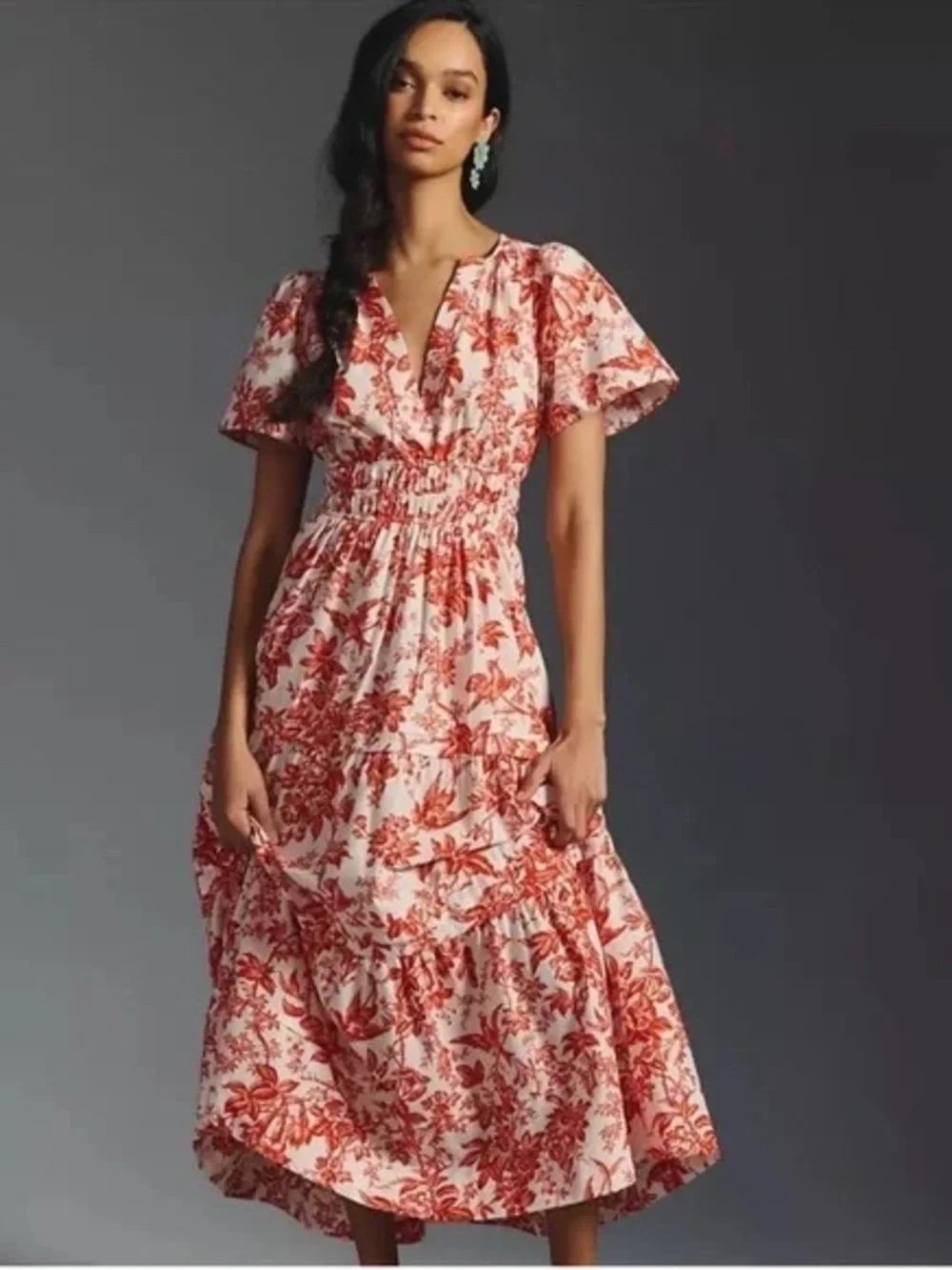 Anthropologie White Maxi Dress with Red Floral Print - Picture 2 of 6